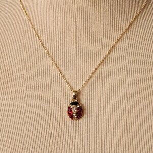 Vintage ATI China Gold Tone Enamel LADYBUG Pendant Necklace Rhinestones